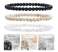 Bivei 3 Pezzi 4mm Bracciale Donna - Obsidiana Nera, Jasper Fossile Bianco, Quarzo Ialino - Bracciale Pietre Naturali con Perline con Elastico, Fatto a Mano per Yoga, Meditazione, Protezione e Regalo