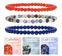 Bivei 3 Pezzi 6mm Bracciale Donna - Carneolo, Pietra di Sangue Africana, Lapis Lazuli - Bracciale Pietre Naturali con Perline con Elastico, Fatto a Mano per Yoga, Meditazione, Protezione e Regalo