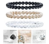 Bivei 3 Pezzi 6mm Bracciale Donna - Obsidiana Nera, Jasper Fossile Bianco, Quarzo Ialino - Bracciale Pietre Naturali con Perline con Elastico, Fatto a Mano per Yoga, Meditazione, Protezione e Regalo