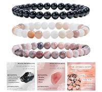 Bivei 3 Pezzi 6mm Bracciale Donna - Tourmalina Nera, Avventurina Rosa, Pietra Zebra Rosa - Bracciale Pietre Naturali con Perline con Elastico, Fatto a Mano per Yoga, Meditazione, Protezione e Regalo