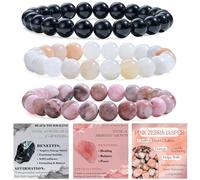Bivei 3 Pezzi 8mm Bracciale Donna - Tourmalina Nera, Avventurina Rosa, Pietra Zebra Rosa - Bracciale Pietre Naturali con Perline con Elastico, Fatto a Mano per Yoga, Meditazione, Protezione e Regalo