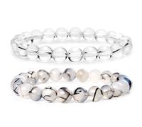 Bivei Braccialetti con Perline Bracciale con Pietra di Cristallo per Donna 8mm Quarzo Trasparente Semiprezioso Naturale e Agata Nera con Vena di Drago Bracciale con Perline Elasticizzate Regali