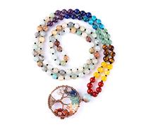 Bivei Collana con 108 perline Mala, albero della vita, 7 chakra, vera pietra preziosa curativa, yoga, meditazione, annodata a mano, collana con perline Mala da 6 mm, pietra