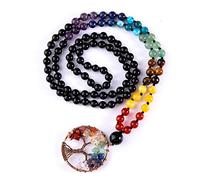 Bivei Collana con 108 perline Mala, albero della vita, 7 chakra, vera pietra preziosa curativa, yoga, meditazione, annodata a mano, collana con perline Mala da 6 mm, pietra