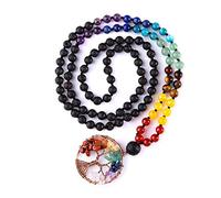 Bivei Collana con 108 perline Mala, albero della vita, 7 chakra, vera pietra preziosa curativa, yoga, meditazione, annodata a mano, collana con perline Mala da 6 mm, pietra
