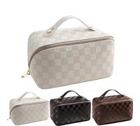 BIVIZKU Grande borsa portatile di trucco borsa cosmetica portatile da viaggio per donne ragazze regalo trucco sacchetto portatile con cerniera, Bianco Beige a scacchi, Elegante borsa cosmetica