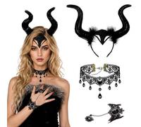 BIVYAX 1 Pezzo Costume Strega Cattiva Corna Malefiche Regina, Copricapo Unisex Cosplay Diavolo, Include Collana e Bracciale in Pizzo, Costume Fata Oscura per Halloween, Festa Terrore e Carnevale