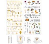 BIVYAX 4 Fogli Tatuaggi per Candele Comunione Oro e Colori, Decalcomania all'Acqua per Candele Tazze e Decorazioni, Kit Creativo per Candela Comunione e Battesimo, Adesivi per Bambina e Bambino