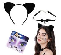 BIVYAX Cerchietto con Orecchie Gatto Morbide, Set Accessori per Costumi da Gatto con Campanellino Collana e Adesivo per il viso, per Donne Bambine Halloween Carnevale Giochi di Ruolo (3 Pezzo)