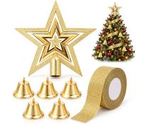 BIVYAX Set da 7 Decorazioni per Albero di Natale, Stella 20cm in Plastica, 5 Campane Dorate e 1 Nastro Dorato, per Decorazione Natalizia e Fai da Te
