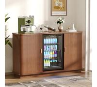 BIXUYOU Credenza/mobile bar scanalato da 130 cm con vano frigorifero, mobile bar retrò con ante a serrandina, ripiani regolabili e portabottiglie per cucina e sala da pranzo.