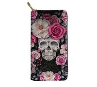 Biyejit Portafoglio da donna con stampa teschio rosa rosa con cerniera intorno portafoglio pochette da viaggio borsa lunga porta carte di credito
