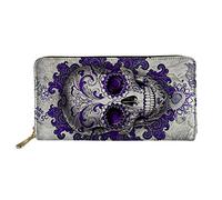 Biyejit Portafoglio lungo in pelle da donna con carta di credito, motivo floreale, Teschio - Viola, Taille unique, Casual