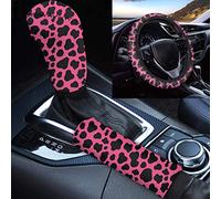 Biyejit Set di 3 coprivolante per auto con stampa di mucca, colore rosa, nero, copertura del freno a mano e copertura del cambio universale, adatto alla maggior parte dei veicoli