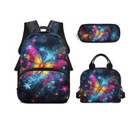 Biyejit Set di 3 zaini per la scuola a tema animali carini con zaino per il pranzo e astuccio per bambini, 43 cm, idea regalo, Farfalla, Misura unica, Set di zaini per la scuola