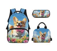 Biyejit Set di 3 zaini per la scuola a tema animali carini con zaino per il pranzo e astuccio per bambini, 43 cm, idea regalo, Corgi, Misura unica, Set di zaini per la scuola