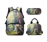 Biyejit Set di 3 zaini per la scuola a tema animali carini con zaino per il pranzo e astuccio per bambini, 43 cm, idea regalo, Gatto, Misura unica, Set di zaini per la scuola