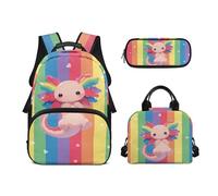 Biyejit Set di 3 zaini per la scuola a tema animali carini con zaino per il pranzo e astuccio per bambini, 43 cm, idea regalo, Axolotl a righe arcobaleno, Misura unica, Set di zaini per la scuola