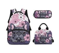 Biyejit Set di 3 zaini per la scuola a tema animali carini con zaino per il pranzo e astuccio per bambini, 43 cm, idea regalo, Carlino, Misura unica, Set di zaini per la scuola