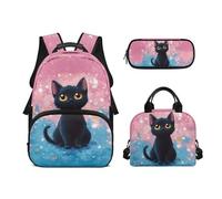 Biyejit Set di 3 zaini per la scuola a tema animali carini con zaino per il pranzo e astuccio per bambini, 43 cm, idea regalo, Gatto nero , Misura unica, Set di zaini per la scuola