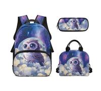 Biyejit Set di 3 zaini per la scuola a tema animali carini con zaino per il pranzo e astuccio per bambini, 43 cm, idea regalo, Gufo, Misura unica, Set di zaini per la scuola
