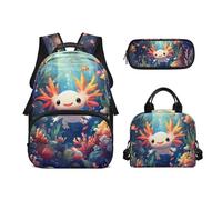 Biyejit Set di 3 zaini per la scuola a tema animali carini con zaino per il pranzo e astuccio per bambini, 43 cm, idea regalo, Kawaii Axolotl, Misura unica, Set di zaini per la scuola