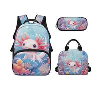 Biyejit Set di 3 zaini per la scuola a tema animali carini con zaino per il pranzo e astuccio per bambini, 43 cm, idea regalo, Cartone animato Axolotl, Misura unica, Set di zaini per la scuola