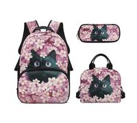 Biyejit Set di 3 zaini per la scuola a tema animali carini con zaino per il pranzo e astuccio per bambini, 43 cm, idea regalo, Gatto Cherry Blossom, Misura unica, Set di zaini per la scuola