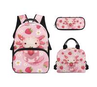 Biyejit Set di 3 zaini per la scuola a tema animali carini con zaino per il pranzo e astuccio per bambini, 43 cm, idea regalo, Carino Axolotl, Misura unica, Set di zaini per la scuola