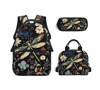 Biyejit Set di 3 zaini per la scuola a tema animali carini con zaino per il pranzo e astuccio per bambini, 43 cm, idea regalo, Libellula, Misura unica, Set di zaini per la scuola