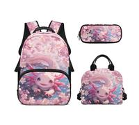 Biyejit Set di 3 zaini per la scuola a tema animali carini con zaino per il pranzo e astuccio per bambini, 43 cm, idea regalo, Axolotl, Misura unica, Set di zaini per la scuola