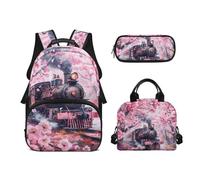 Biyejit Set di 3 zaini per la scuola a tema treno con borsa per il pranzo e astuccio per matite da 43,2 cm per studenti universitari, Treno Cherry Blossom, Misura unica, Set di zaini per la scuola