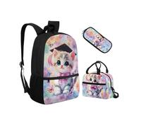 Biyejit Set di 3 zaini per la scuola, con borsa per il pranzo, astuccio leggero, 43 cm, Gatti., Misura unica, Set di zaini per la scuola