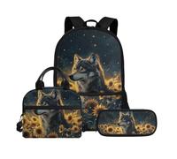 Biyejit Set di 3 zaini per la scuola, con borsa per il pranzo, astuccio per matite, libri, 43 cm, regalo per il rientro a scuola, Lupo 15, Misura unica, Set di zaini per la scuola