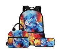 Biyejit Set di 3 zaini per la scuola, con borsa per il pranzo, astuccio per matite, libri, 43 cm, regalo per il rientro a scuola, Lupo 1., Misura unica, Set di zaini per la scuola