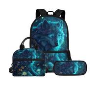 Biyejit Set di 3 zaini per la scuola, con borsa per il pranzo, astuccio per matite, libri, 43 cm, regalo per il rientro a scuola, Lupo 13, Misura unica, Set di zaini per la scuola
