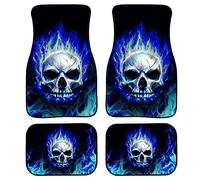 Biyejit Set di 4 tappetini per auto con teschio di fuoco blu, per sedili anteriori e posteriori, retro in gomma resistente, universale, accessori interni SUV