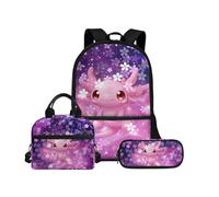 Biyejit Set di borse per la scuola 3 in 1 zaino per bambini borsa pranzo e astuccio grande capacità 43,2 cm, Axolotl 1, Misura unica, Set di zaini per la scuola