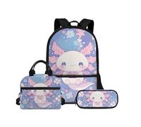 Biyejit Set di borse per la scuola per bambini 3 in 1 zaino per il pranzo e astuccio leggero per libri da 17 pollici, Carino Axolotl, Misura unica, Set di zaini per la scuola