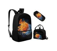 Biyejit Set di zaini per la scuola 3 in 1 per bambini, zaino per il pranzo e astuccio, leggeri, 43 cm, Water Fire Basket, Misura unica, Set di zaini per la scuola