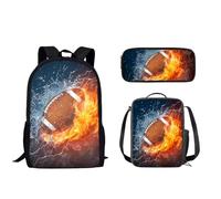 Biyejit Set di zaini per la scuola per bambini con contenitore per il pranzo, astuccio per ragazzi e ragazze, 3 pezzi, Water Fire Rugby, Taglia unica