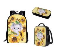 Biyejit Set di zaini per la scuola per bambini con contenitore per il pranzo, astuccio per ragazzi e ragazze, 3 pezzi, Girasole Elefante, Taglia unica