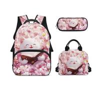 Biyejit Set di zaini per la scuola per ragazze 3 in 1 con borsa per il pranzo, astuccio per matite, borsa casual per bambini, 43,2 cm, idea regalo, Fiori di gatto, Misura unica, Set di zaini per la