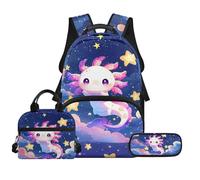 Biyejit Set di zaini per la scuola per ragazze 3 in 1 con borsa per il pranzo, astuccio per matite, borsa casual per bambini, 43,2 cm, idea regalo, Carino Axolotl, Misura unica, Set di zaini per la