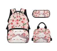 Biyejit Set di zaini per la scuola per ragazze 3 in 1 con borsa per il pranzo, astuccio per matite, borsa casual per bambini, 43,2 cm, idea regalo, Gatto Fragola, Misura unica, Set di zaini per la