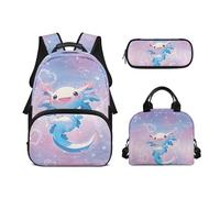 Biyejit Set di zaini per la scuola per ragazze 3 in 1 con borsa per il pranzo, astuccio per matite, borsa casual per bambini, 43,2 cm, idea regalo, Cuore Axolotl, Misura unica, Set di zaini per la