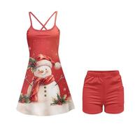 Biyejit Vestito da tennis da donna con pantaloncini e tasche, 2 in 1, per golf, yoga, palestra, sport, corsa, XS-2XL, Pupazzo di neve natalizio, XXL