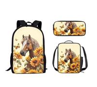 Biyejit Zaino per bambini per ragazze e ragazzi, borsa a tracolla per libri, portapranzo, astuccio 3 in 1, Stampa Cavalli Girasole, Taglia unica