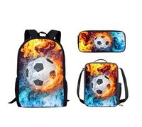 Biyejit Zaino per bambini per ragazze e ragazzi, borsa a tracolla per libri, portapranzo, astuccio 3 in 1, Blu Rosso Fuoco Calcio, Taglia unica, moderno