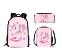 Biyejit Zaino per bambini per ragazze e ragazzi, borsa a tracolla per libri, portapranzo, astuccio 3 in 1, Axolotl Fiore Rosa, Taglia unica, moderno